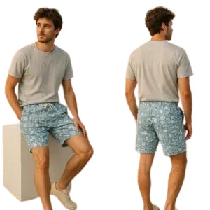 Blue Printed Cotton Shorts